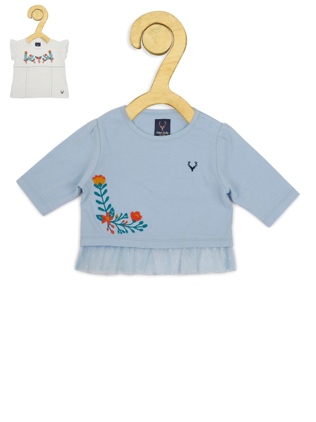 

Allen Solly Junior Pack Of 2 Girls Blue Off White Printed Pure Cotton T-shirts