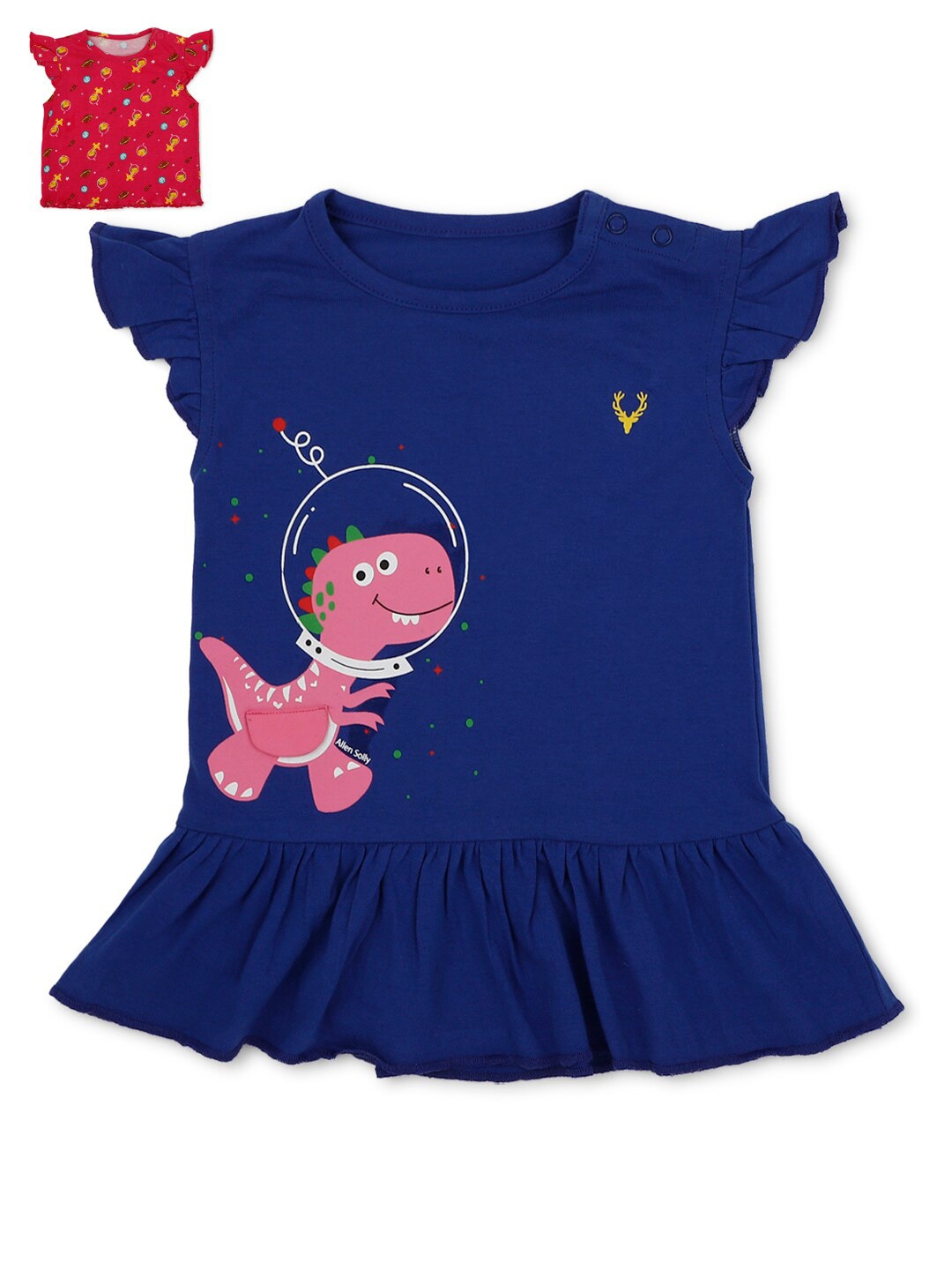 

Allen Solly Junior Girls Pack Of 2 Blue & Red Dino Graphic Printed Knitted Cotton Tops