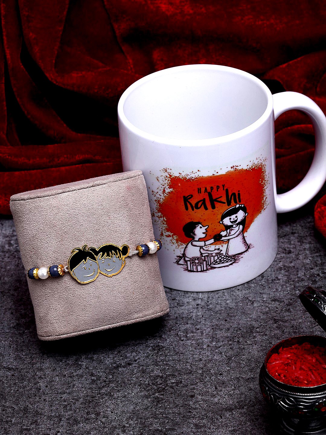 

PANASH Boys Gold-Toned & Grey Handcrafted Rakhi With Mug & Roli Chawal Gift Set