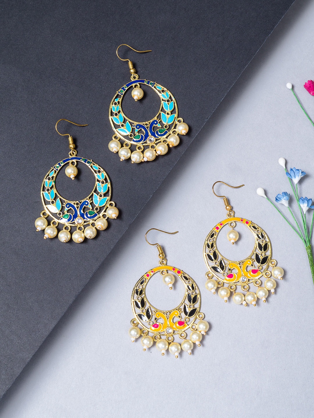 

Golden Peacock Set Of 2 Gold-Toned Beaded Crescent Shaped Enamelled Chandbalis Earrings, Multi