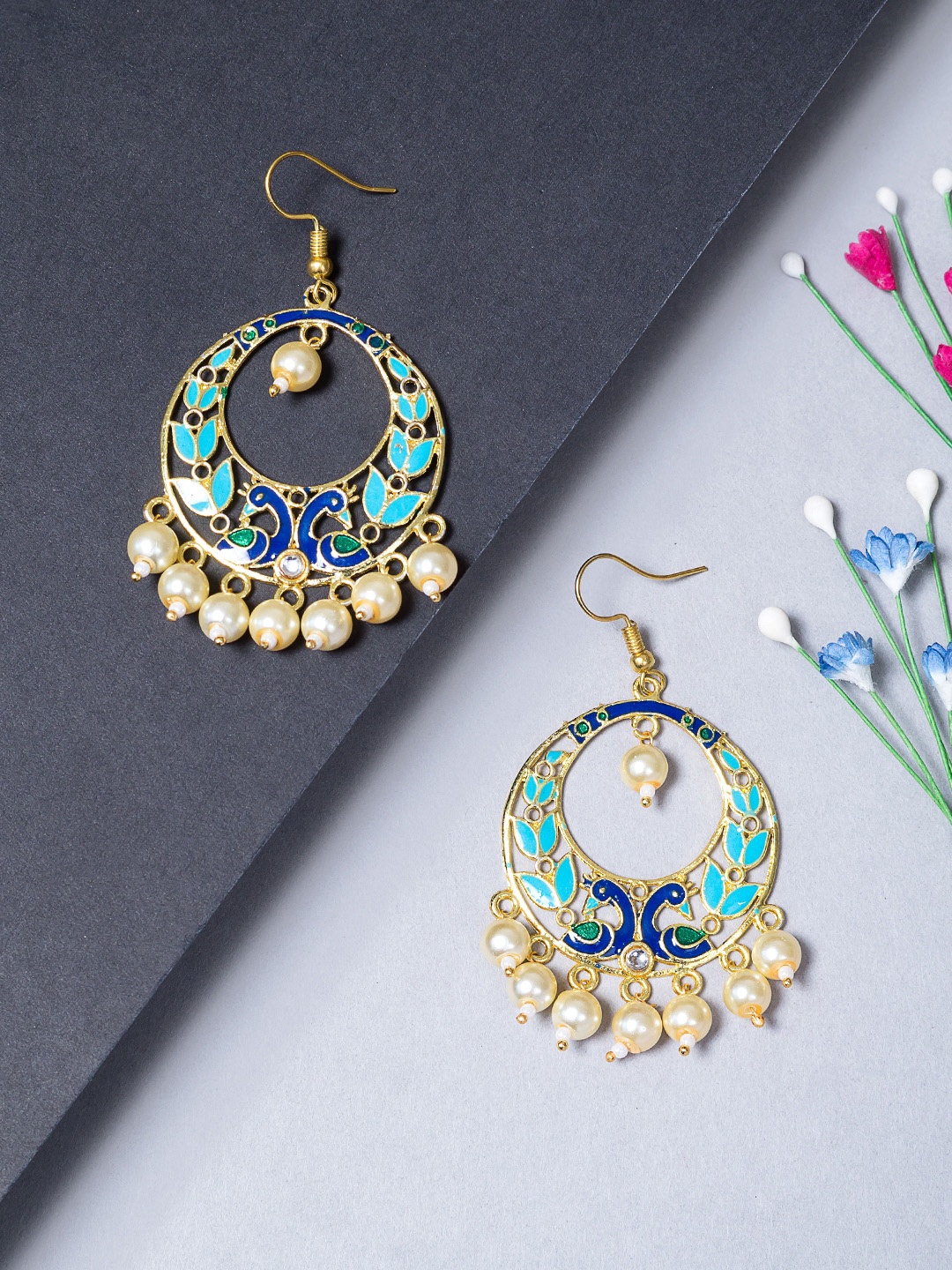 

Golden Peacock Gold-Toned Crescent Shaped Enamelled Chandbalis