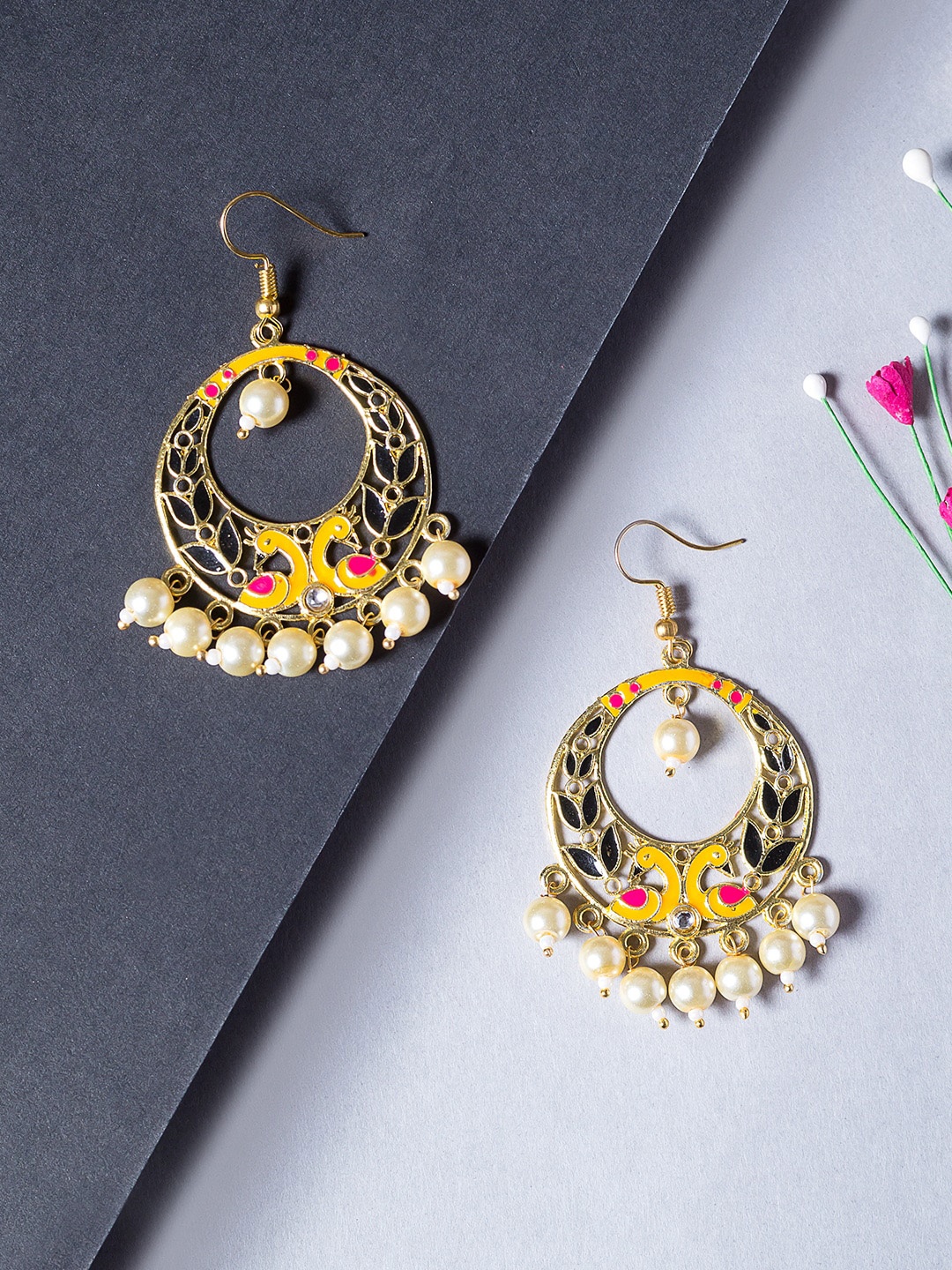 

Golden Peacock Yellow & Black Enamelled Crescent Shaped Drop Earrings