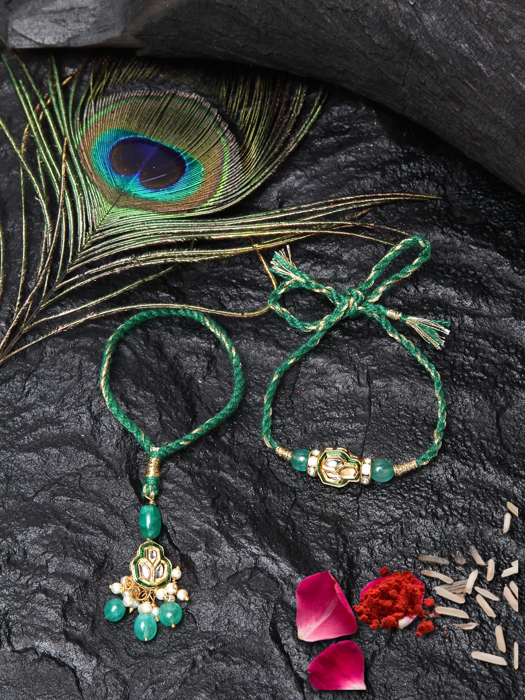 

DUGRISTYLE Green Set of 2 Rakhi With Roli & Chawal