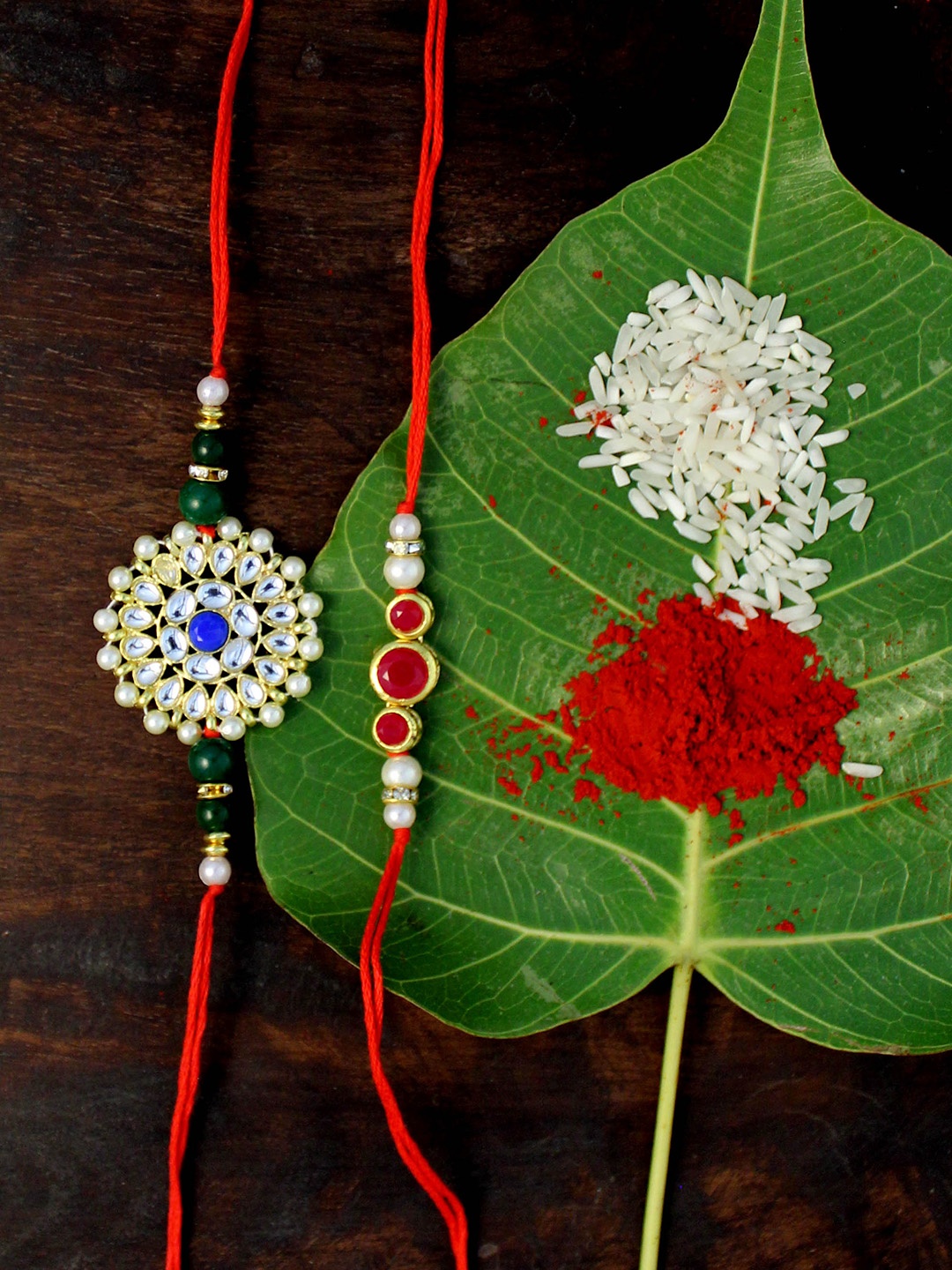 

KARATCART Set of 2 Red & Gold-Plated Kundan Rakhi
