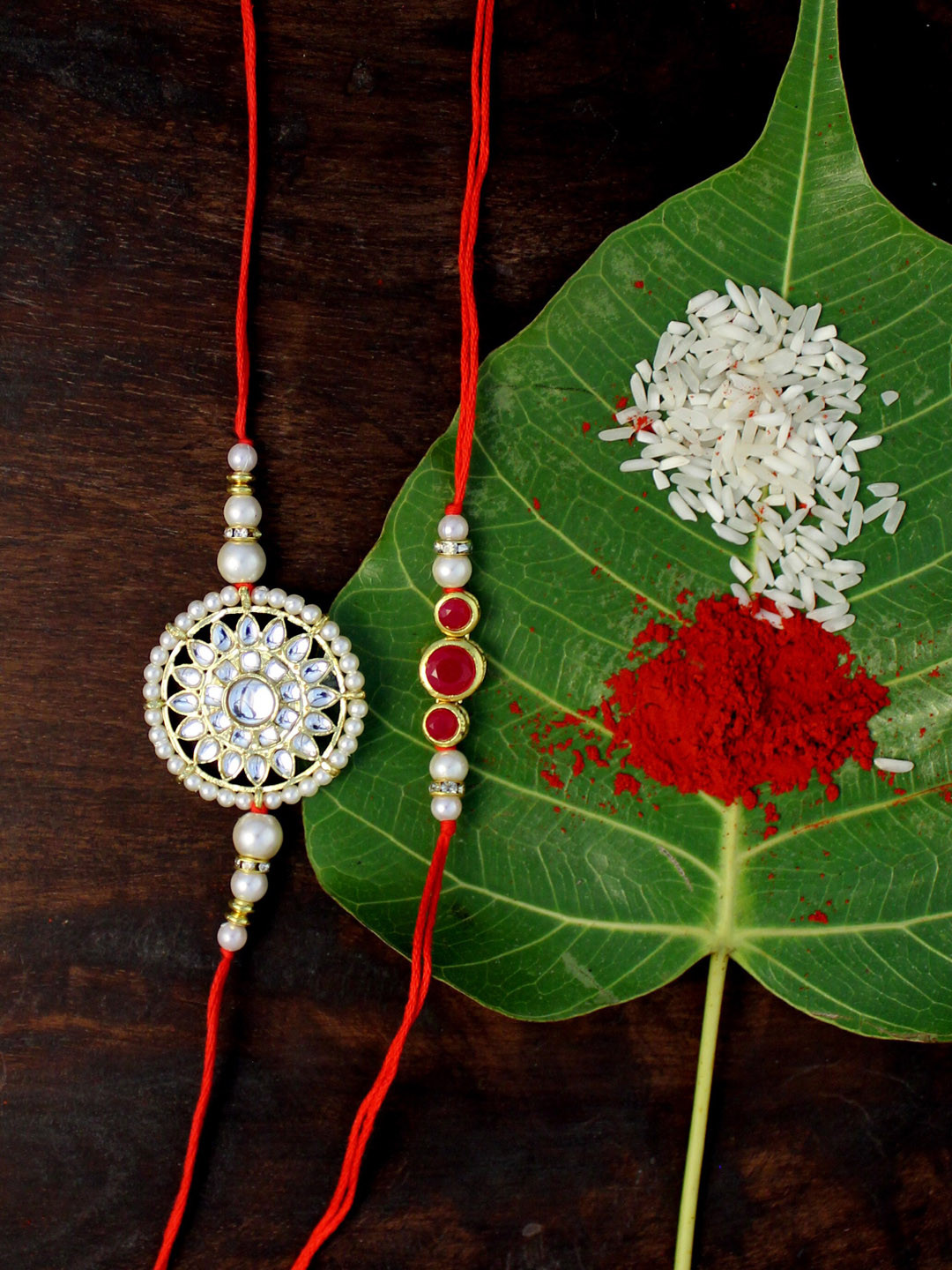 

KARATCART Set of 2 Red & Gold-Plated Kundan Rakhi