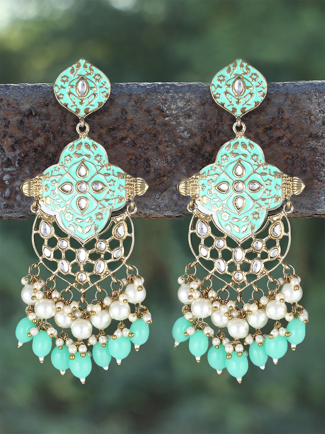 

Adwitiya Collection Gold-Toned & Sea Green Contemporary Drop Earrings