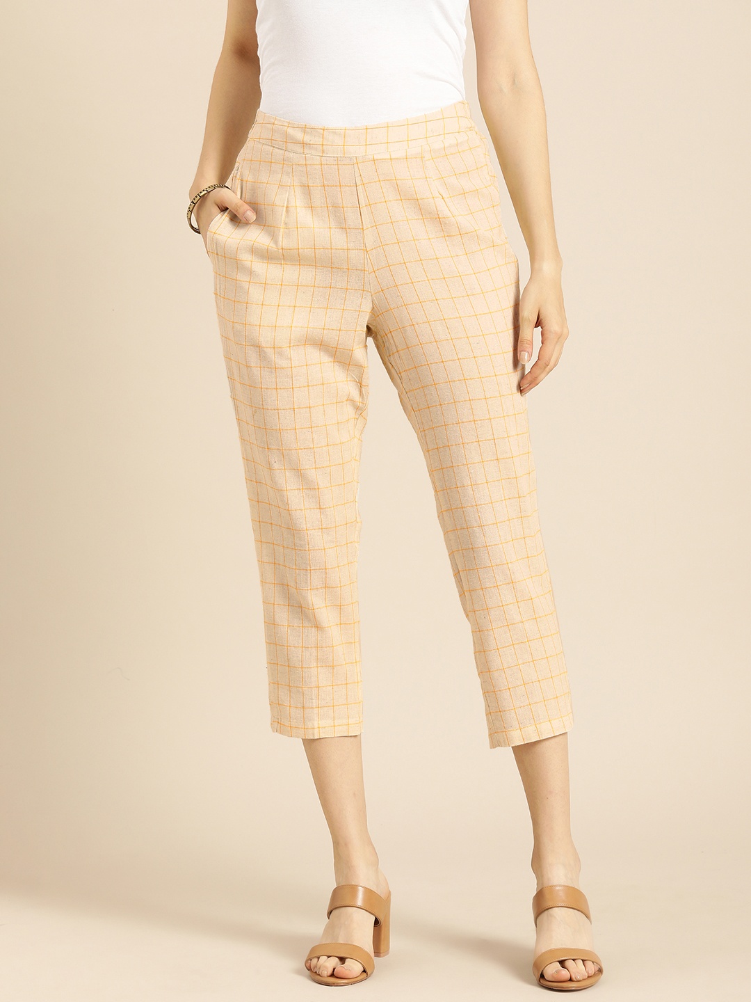 

Anouk Women Beige & Orange Checked Cigerette Trousers