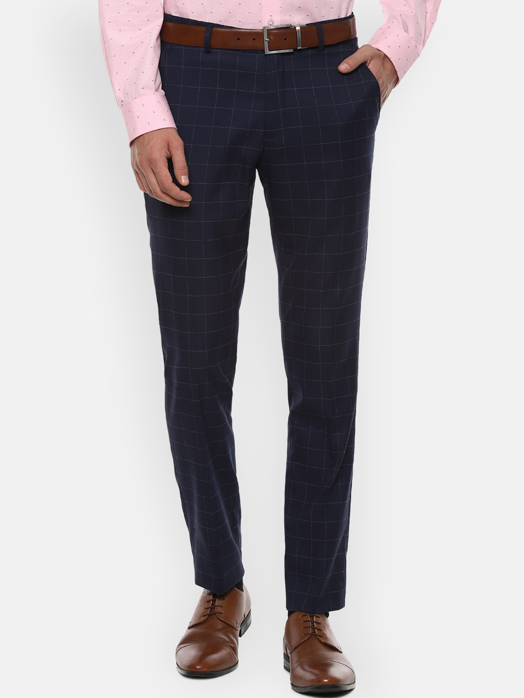 

Louis Philippe Men Navy Blue Checked Slim Fit Formal Trousers