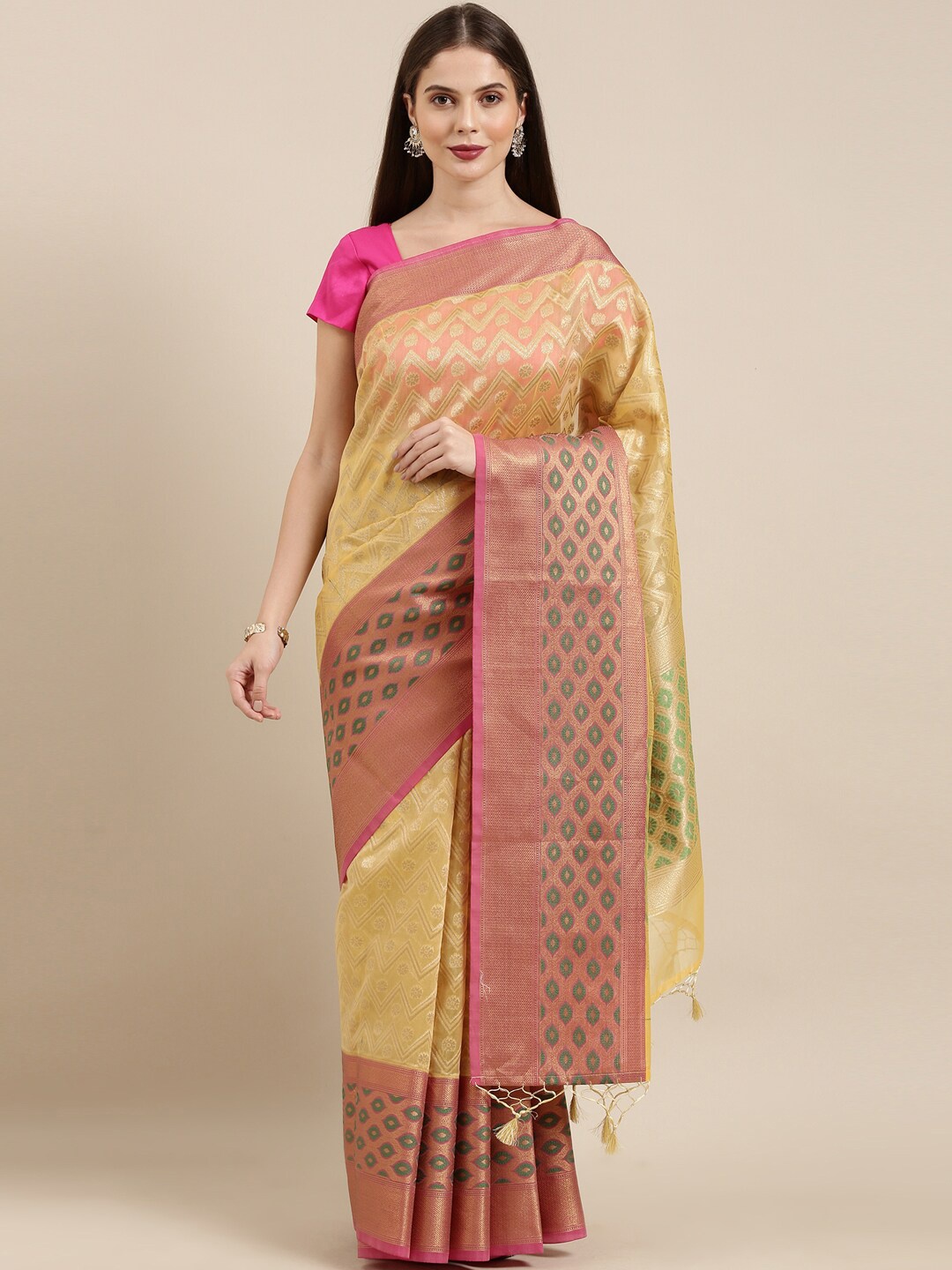 

The Chennai Silks Yellow & Pink Organza Fusion Banarasi Saree