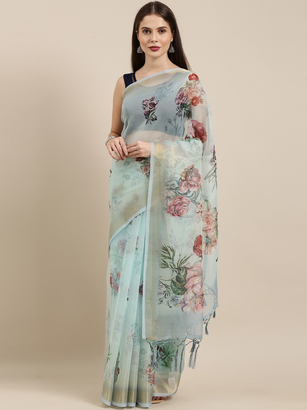 

The Chennai Silks Turquoise Blue & Pink Floral Tissue Fusion Saree