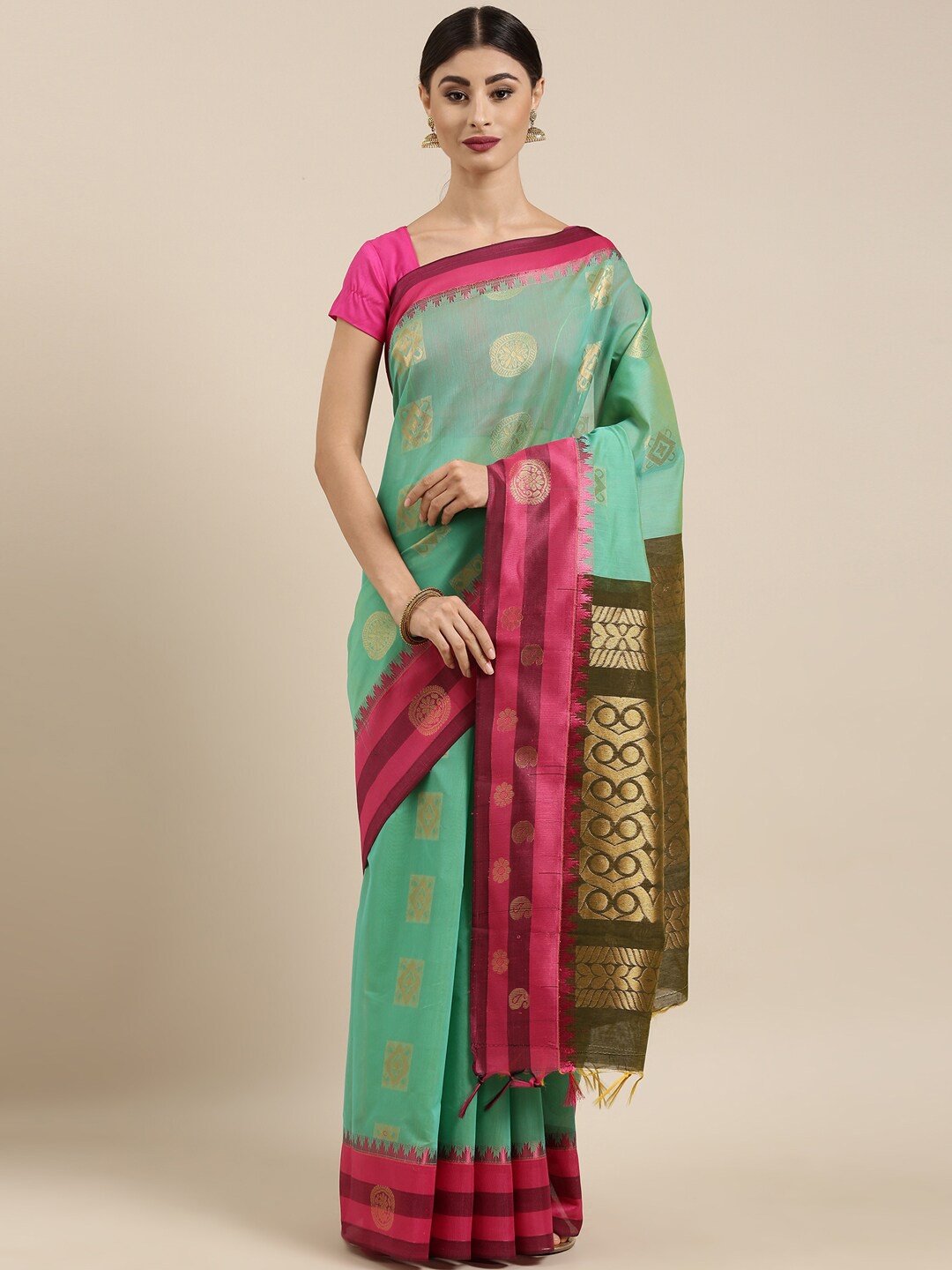 

The Chennai Silks Green & Green Ethnic Woven Design Cotton Fusion Maheshwari Saree