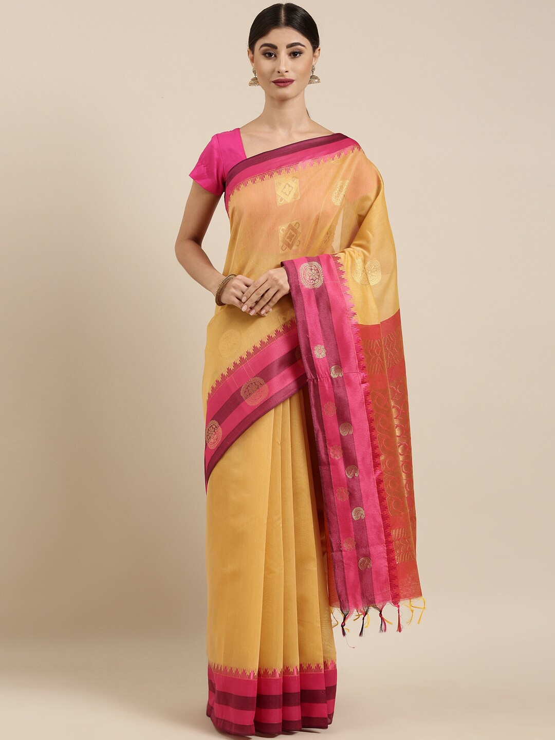 

The Chennai Silks Beige & Pink Ethnic Motifs Zari Silk Cotton Fusion Maheshwari Saree