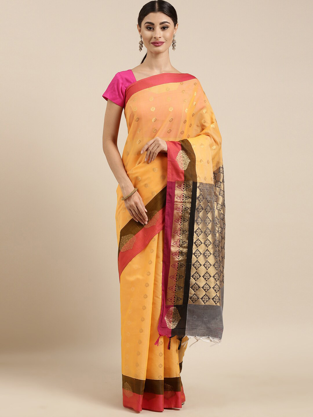 

The Chennai Silks Yellow & Red Woven Design Silk Cotton Fusion Maheshwari Saree