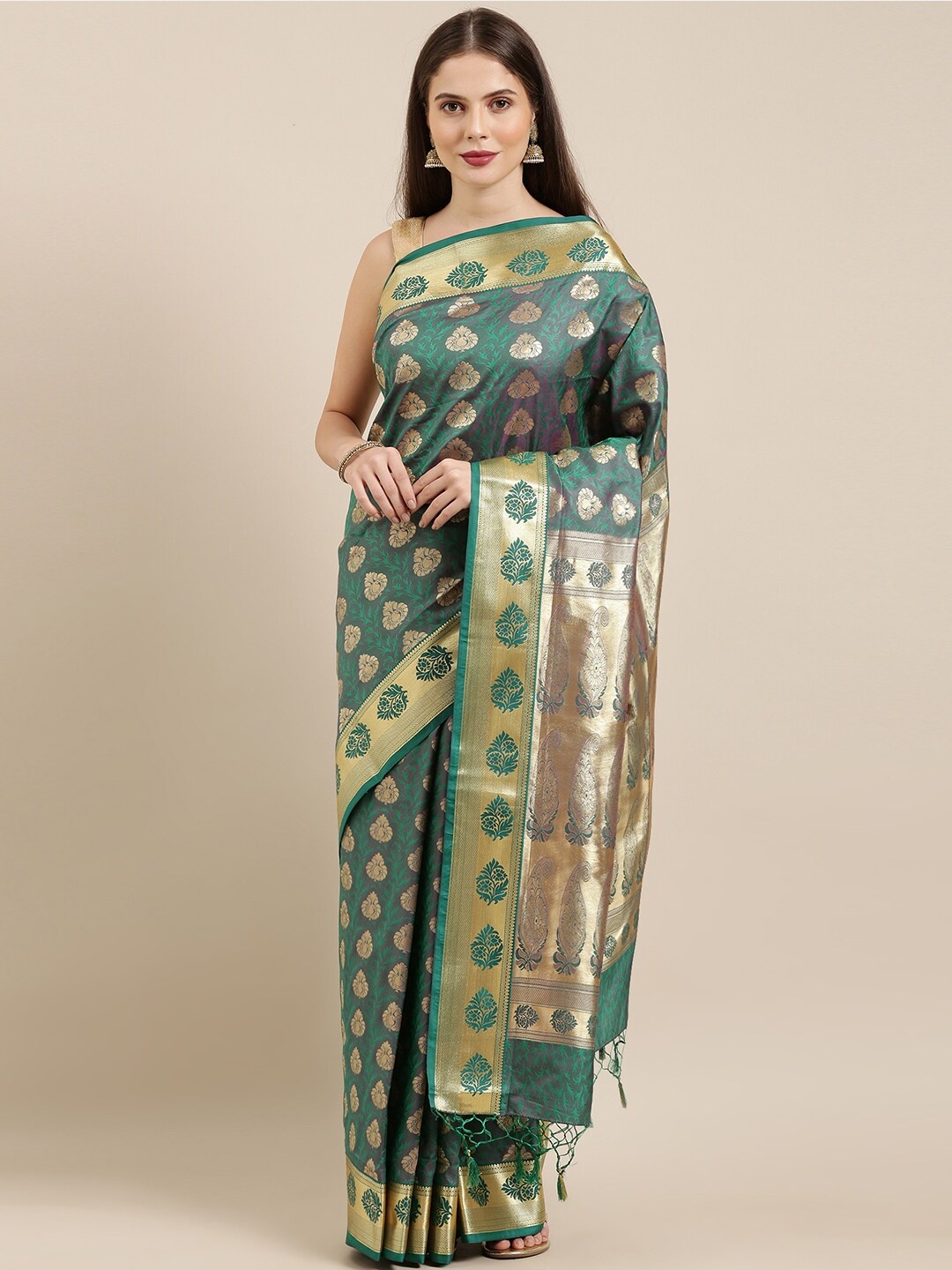 

The Chennai Silks Green & Gold-Toned Woven Design Zari Art Silk Fusion Saree