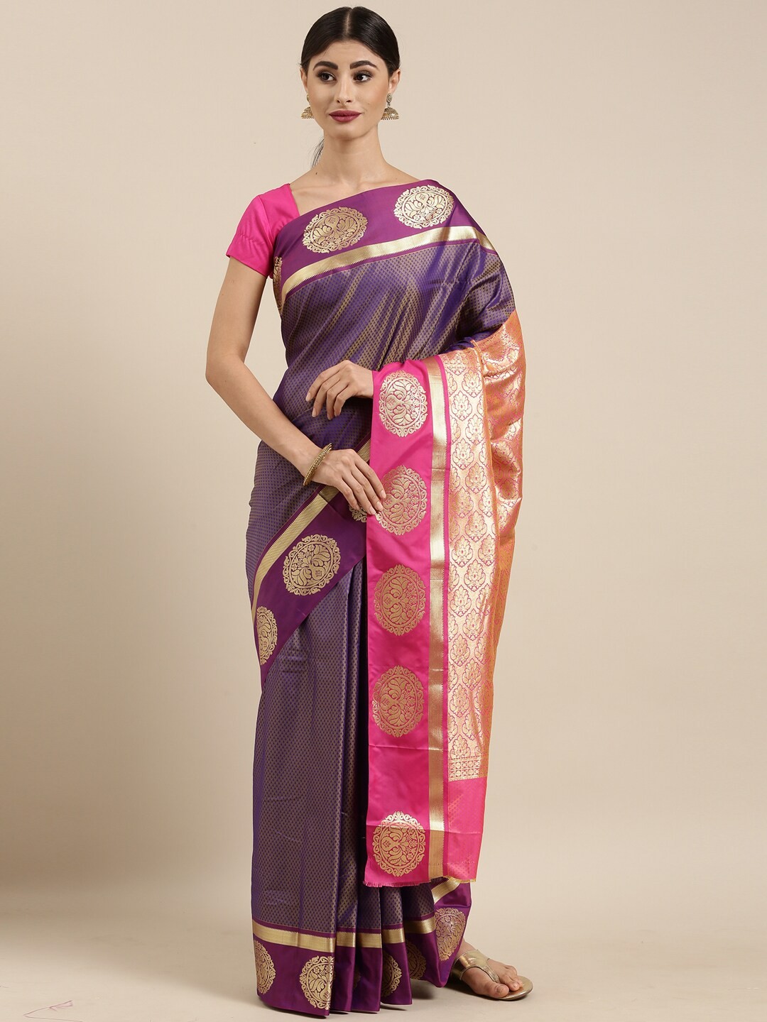 

The Chennai Silks Purple & Pink Ethnic Motifs Zari Art Silk Fusion Saree