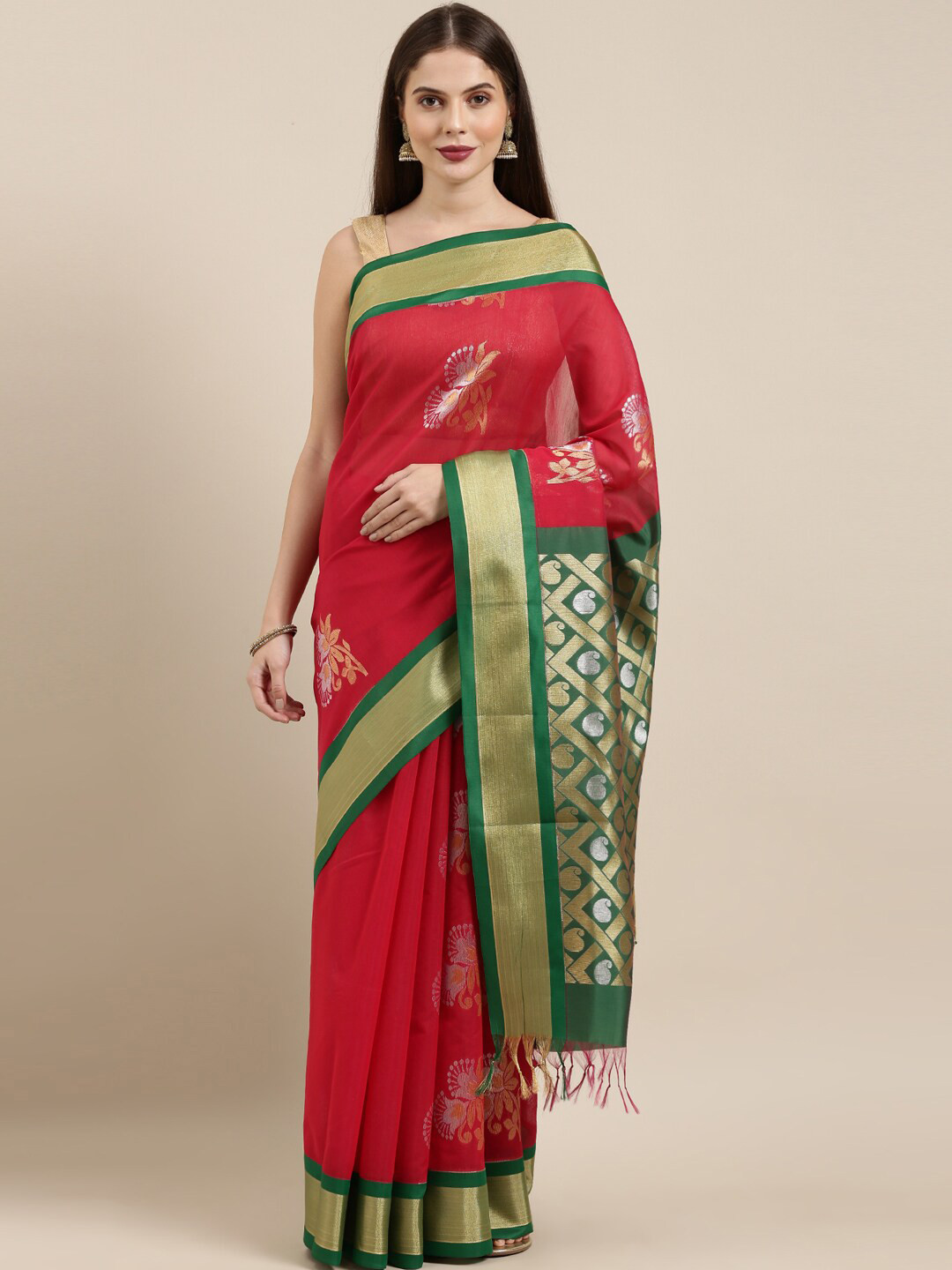 

The Chennai Silks Red & Green Woven Design Zari Silk Cotton Fusion Maheshwari Saree