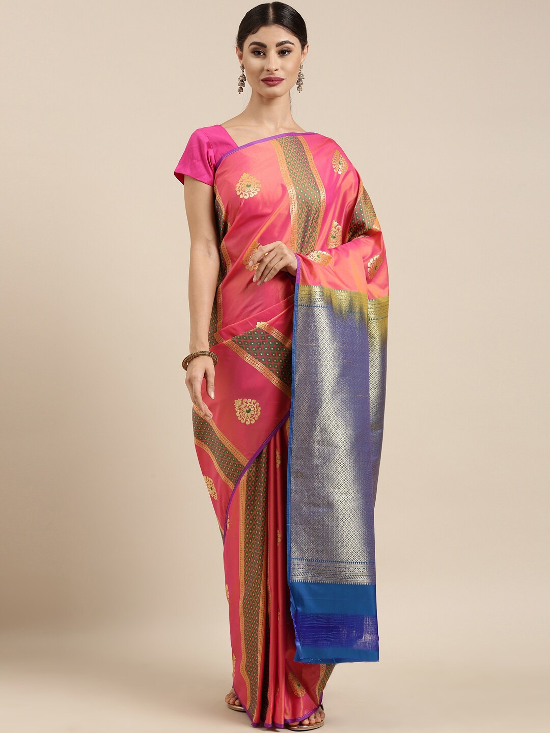 

The Chennai Silks Pink & Blue Ethnic Motifs Woven Design Art Silk Saree