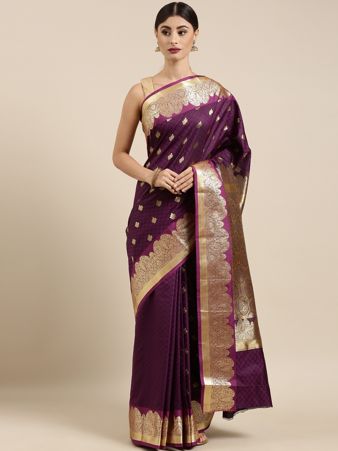 

The Chennai Silks Violet & Gold-Toned Ethnic Motifs Zari Art Silk Saree