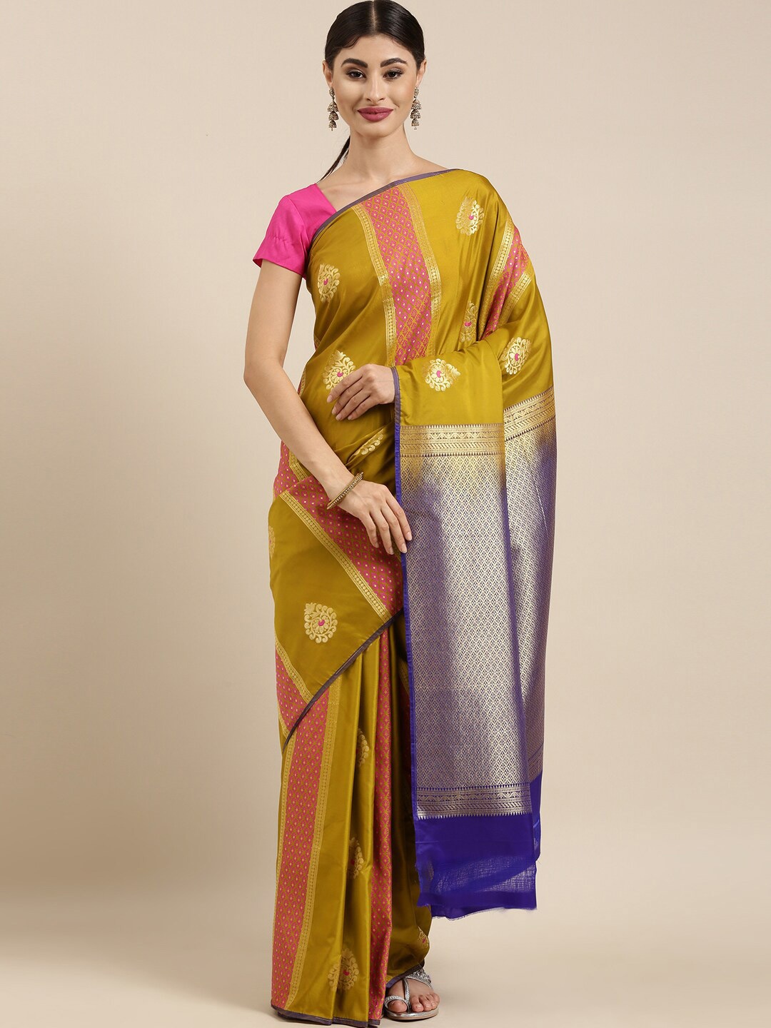 

The Chennai Silks Green & Pink Ethnic Motifs Woven Design Zari Art Silk Saree