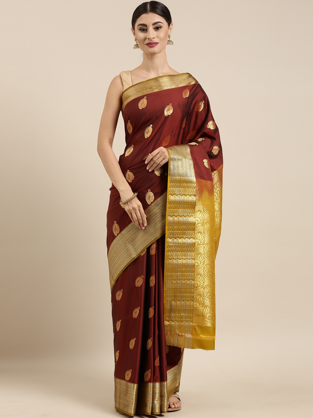 

The Chennai Silks Maroon & Gold-Toned Ethnic Motifs Zari Art Silk Fusion Saree