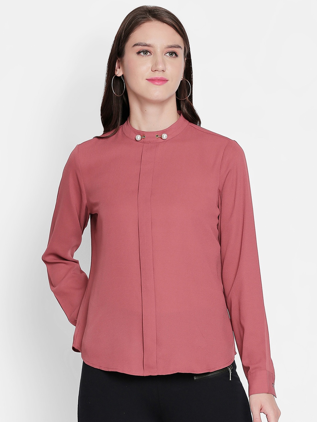

Annabelle by Pantaloons Pink Mandarin Collar Regular Top