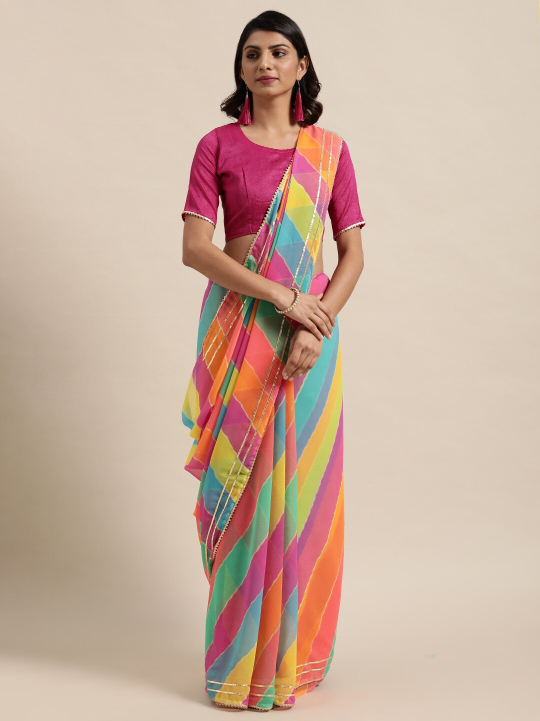 

Kalista Pink & Yellow Striped Saree