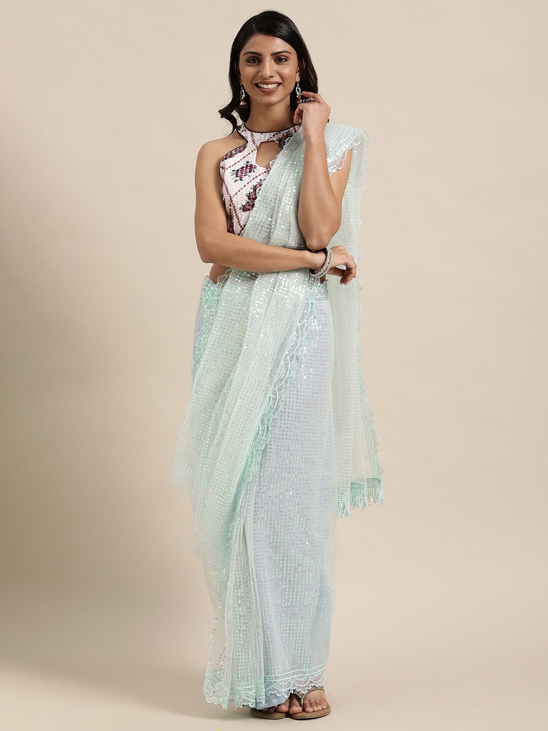 

Kalista Turquoise Blue & Cream-Coloured Embellished Sequinned Net Saree