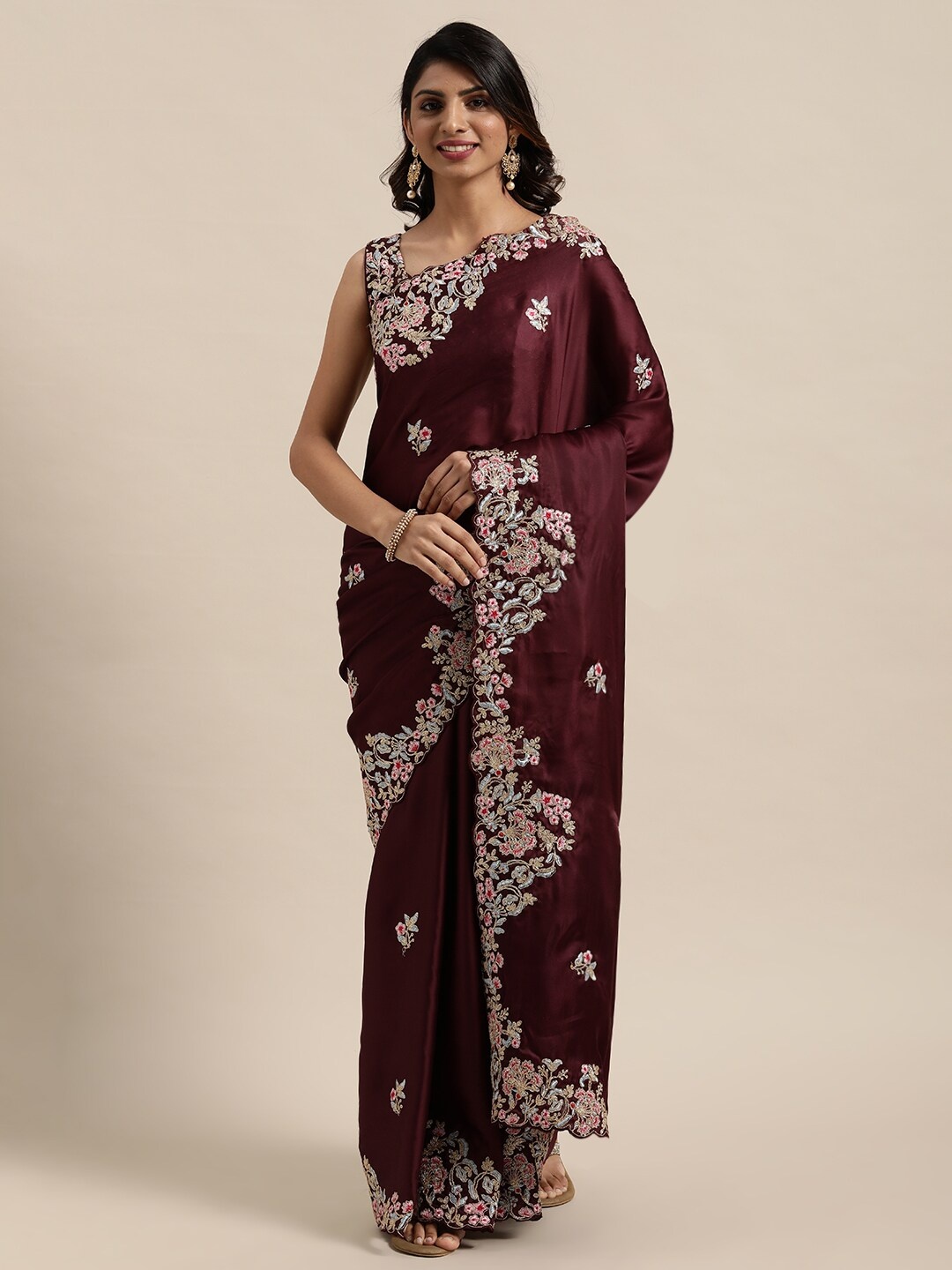 

Kalista Maroon & Pink Floral Embroidered Saree
