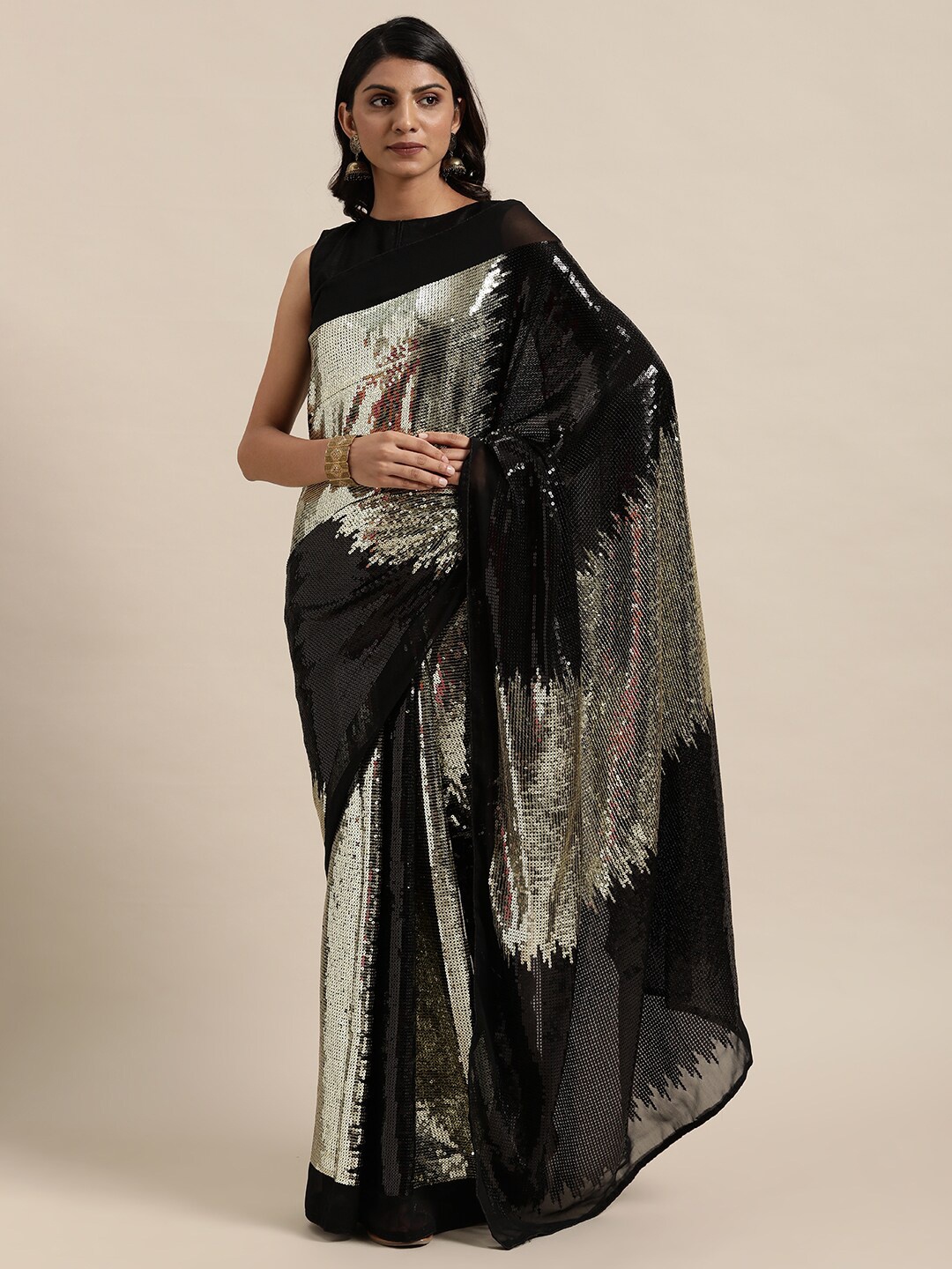 

Kalista Black & Gold-Toned Embellished Sequinned Saree