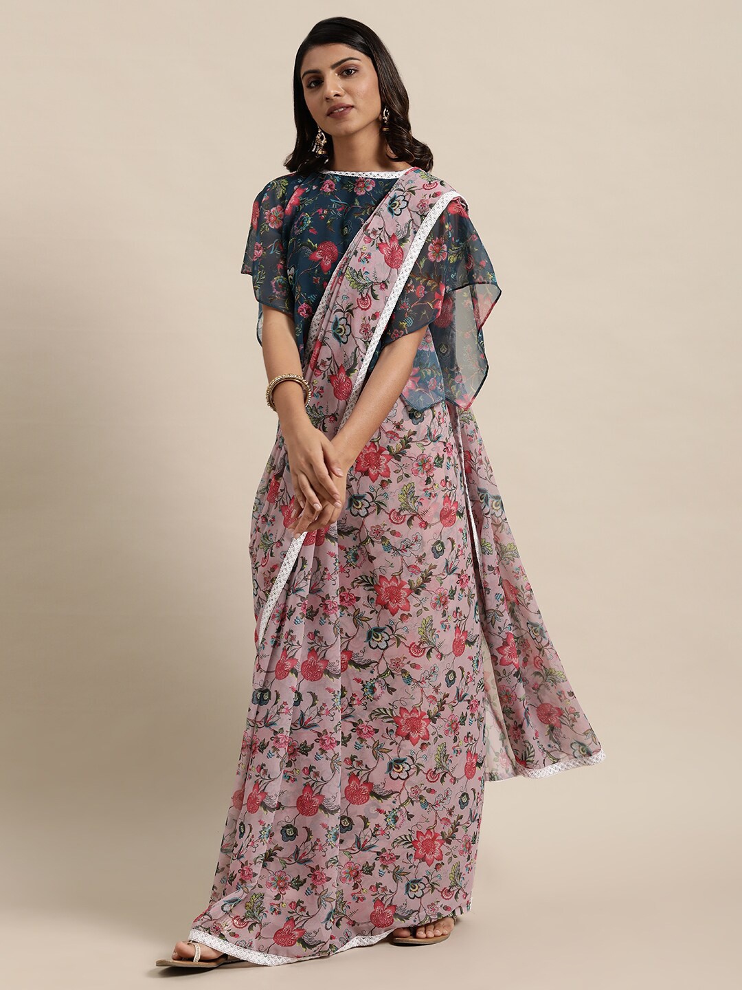 

Kalista Pink & Green Floral Printed Saree