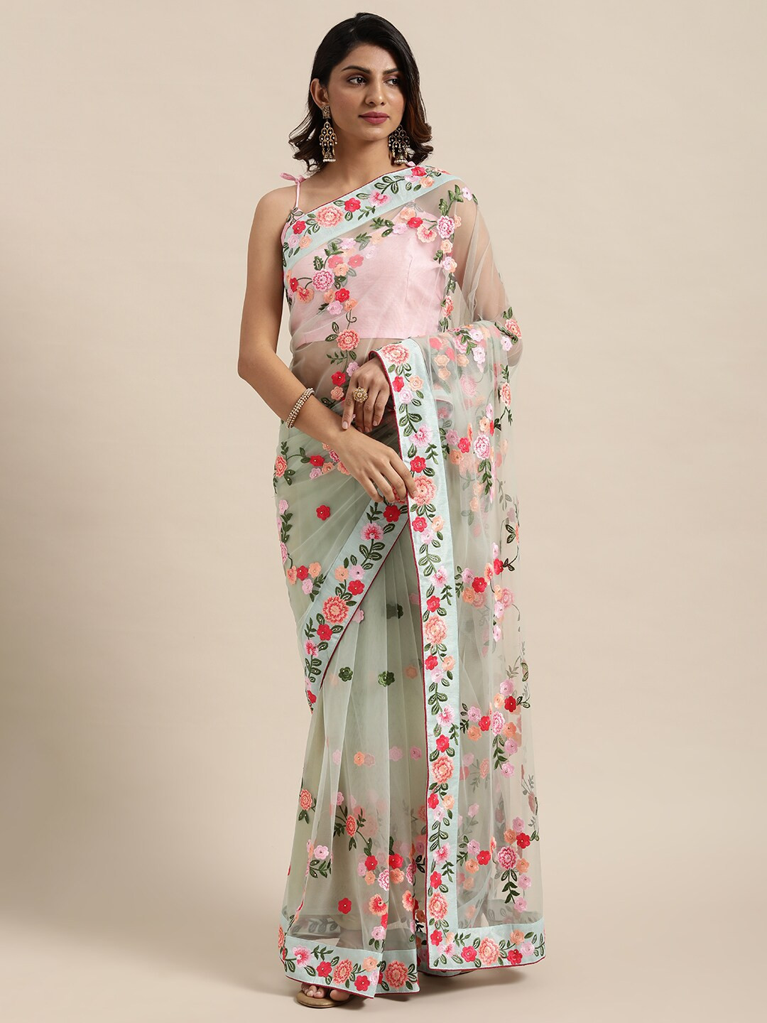 

Kalista Sea Green & Pink Floral Embroidered Net Saree