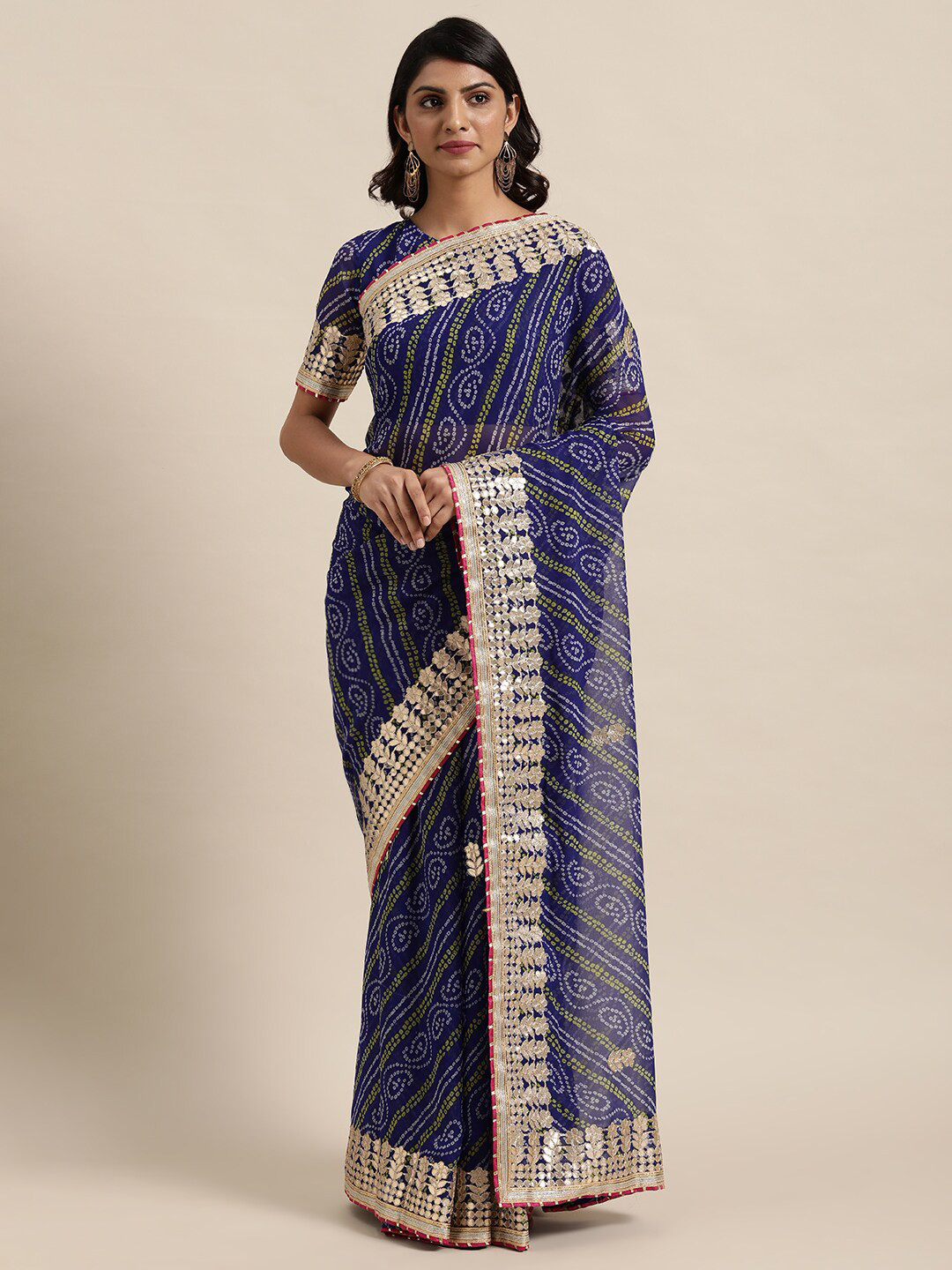 

Kalista Navy Blue & Gold-Toned Bandhani Saree