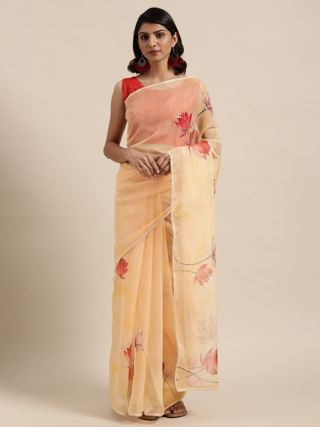 

Kalista Peach-Coloured & Red Floral Organza Saree