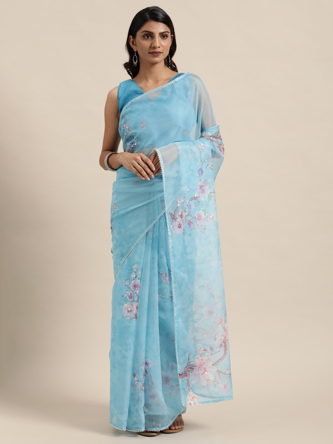 

Kalista Blue & Pink Floral Organza Saree