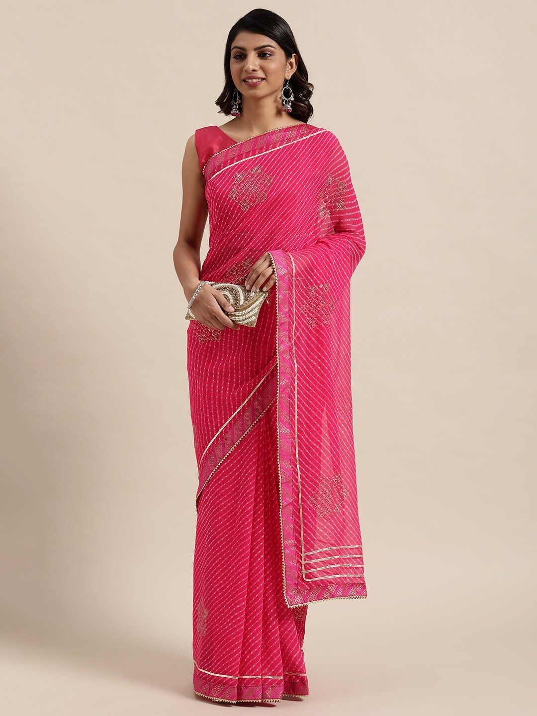 

Kalista Pink & White Checked Embellished Gotta Patti Saree