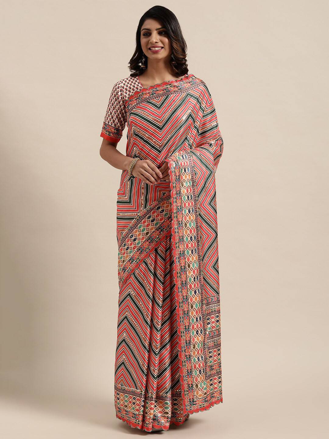 

Kalista Pink & Green Striped Silk Blend Mysore Silk Saree