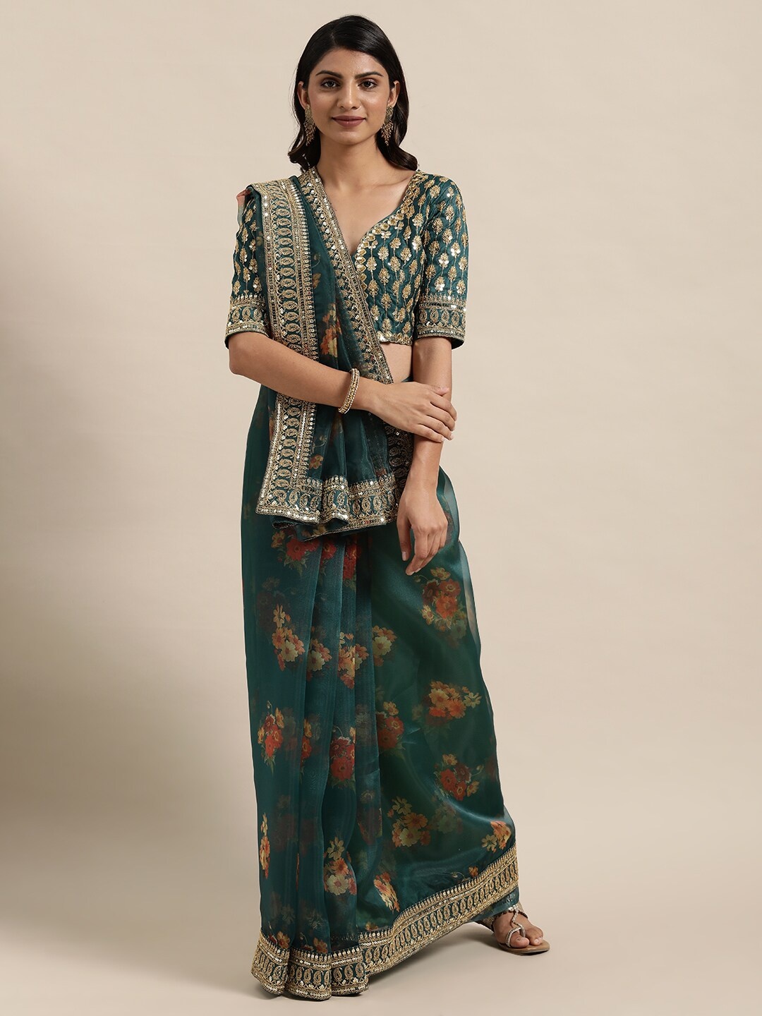 

Kalista Green & Red Floral Embroidered Organza Saree