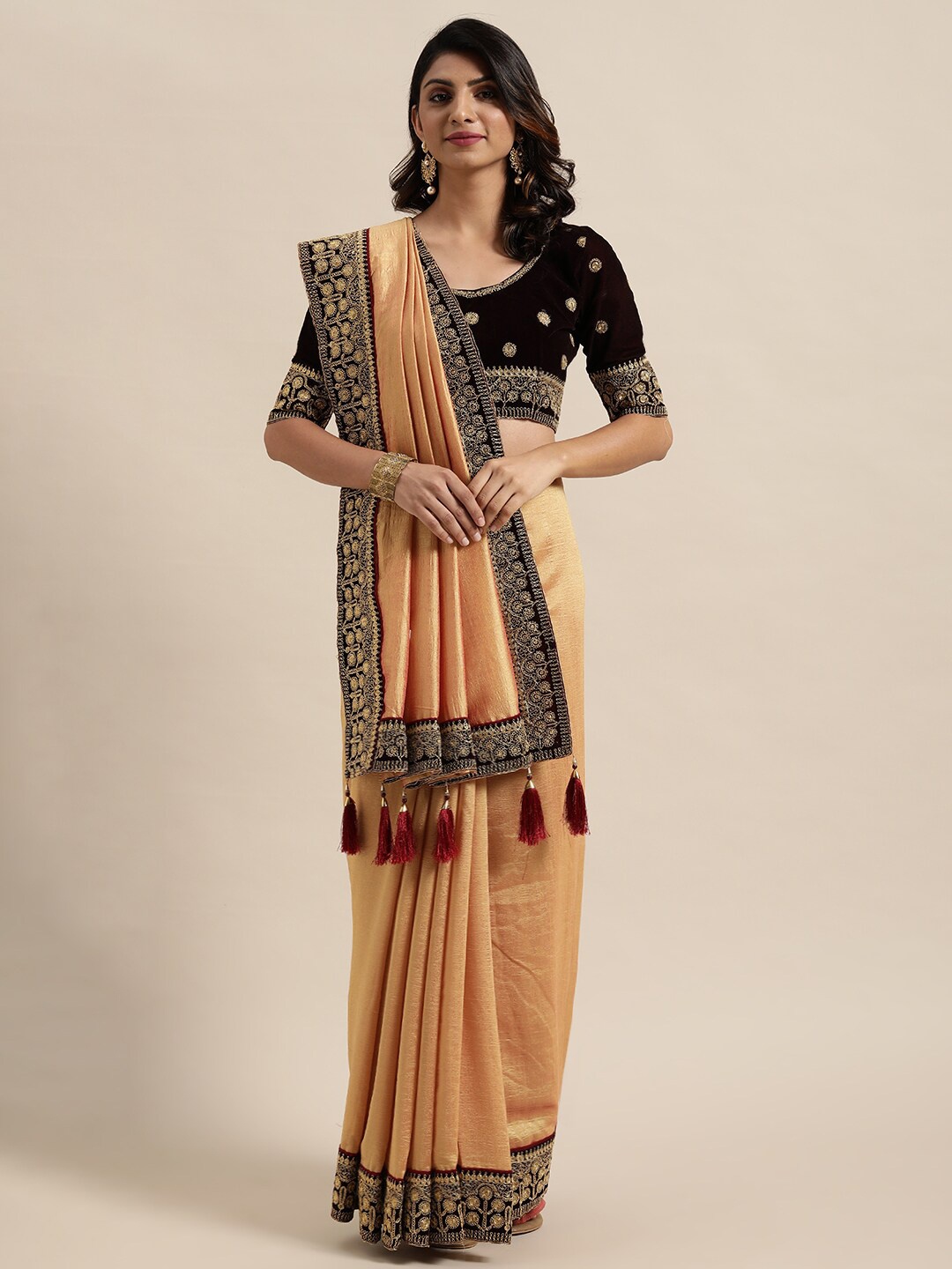 

Kalista Beige & Black Sequinned Embriodered border Silk Blend Saree