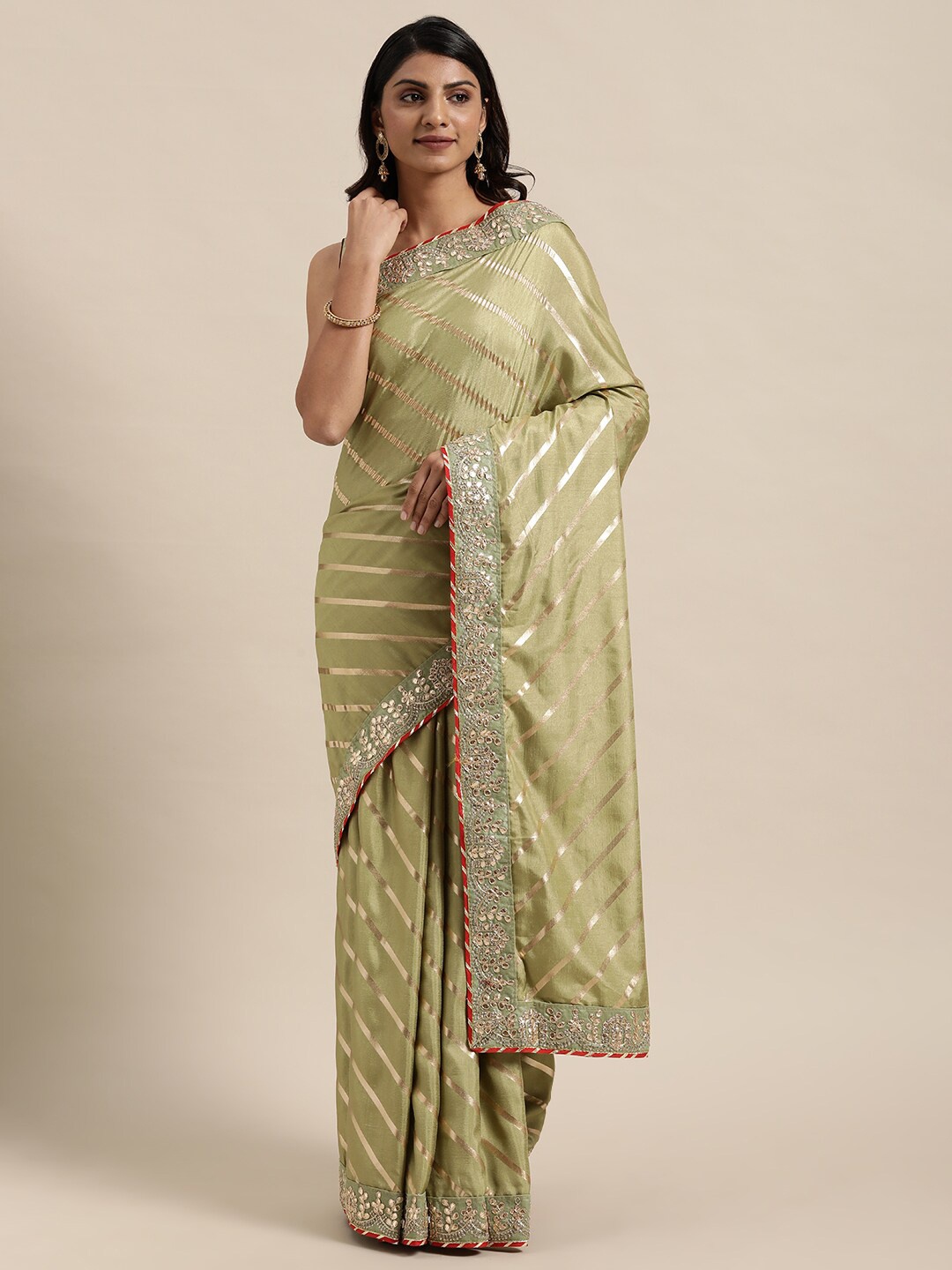 

Kalista Green & Gold-Toned Striped Embroidered Silk Blend Saree