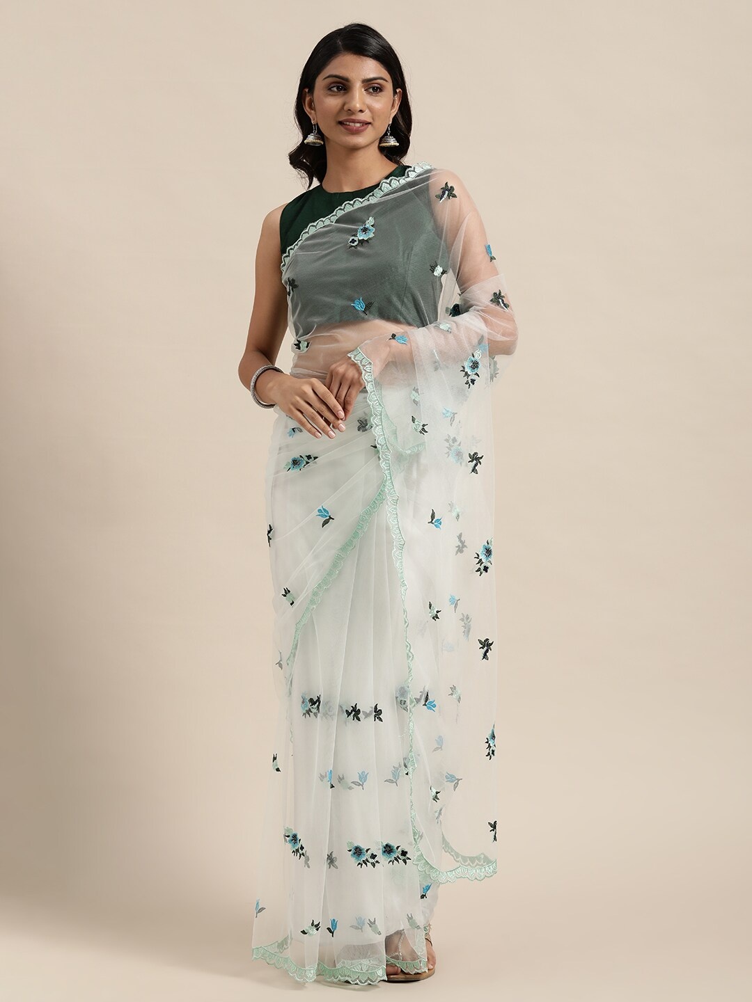 

Kalista Sea Green & Black Floral Net Saree