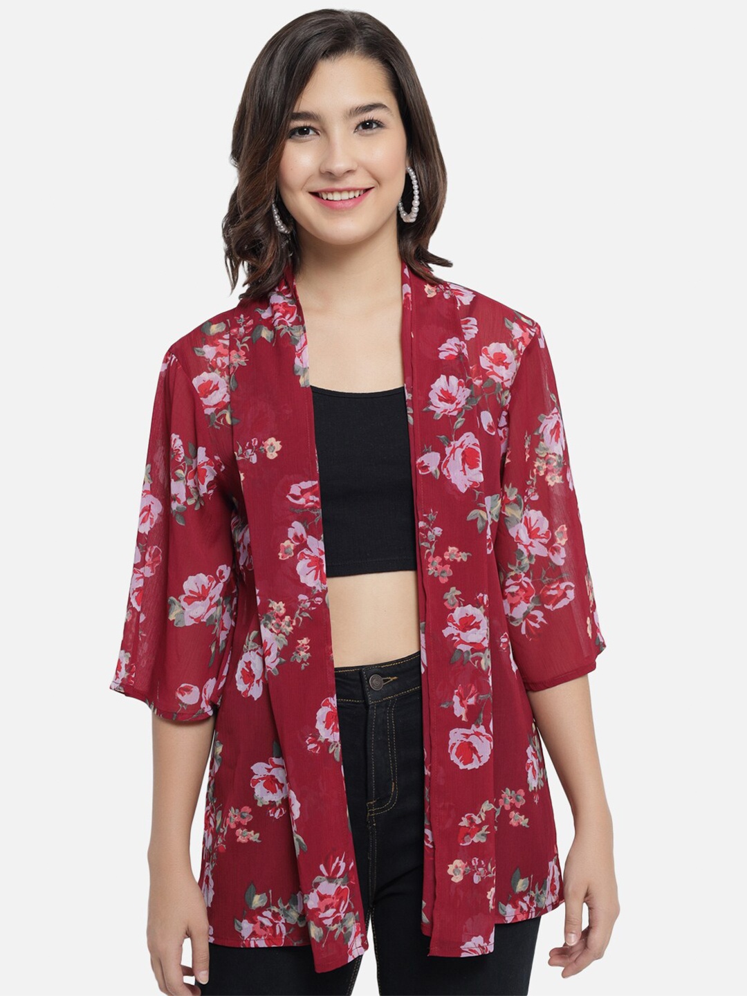 

Trend Arrest Women Maroon & Lavender Floral Printed Open-Front Shrug