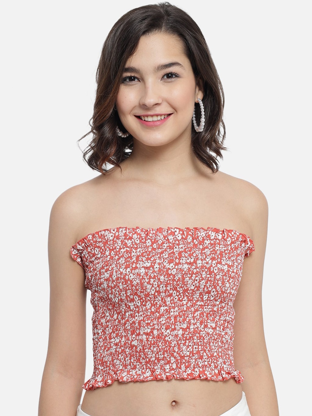 

Trend Arrest Orange Floral Off-Shoulder Tube Crop Top