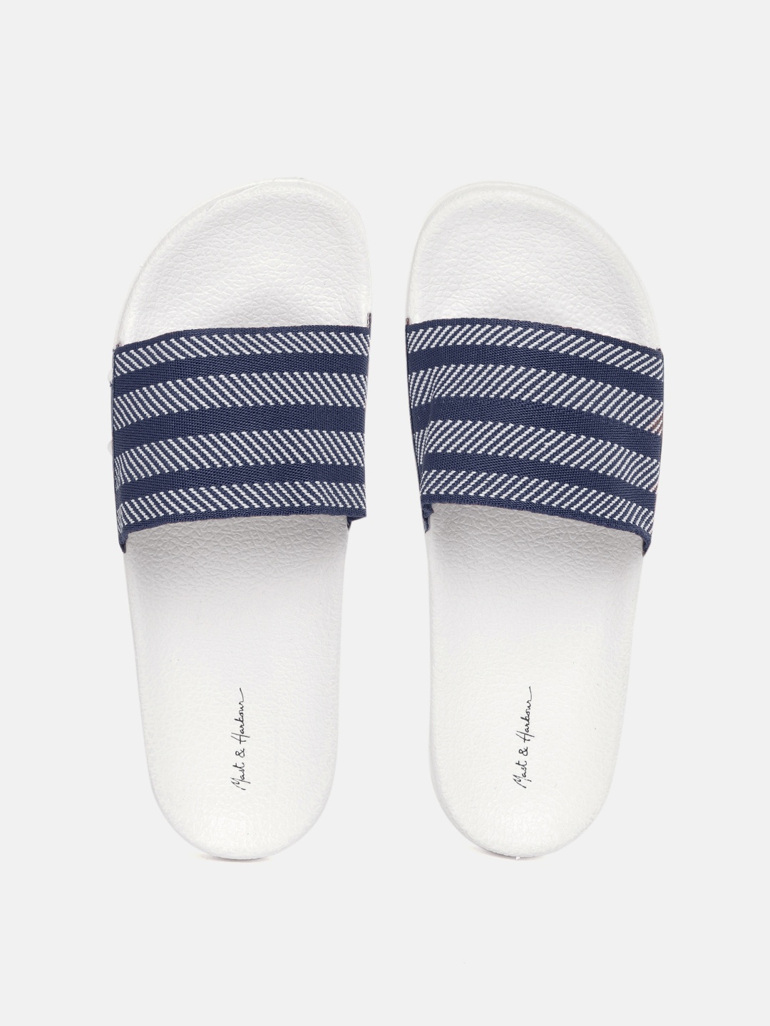 

Mast & Harbour Women Navy Blue & White Self Striped Sliders