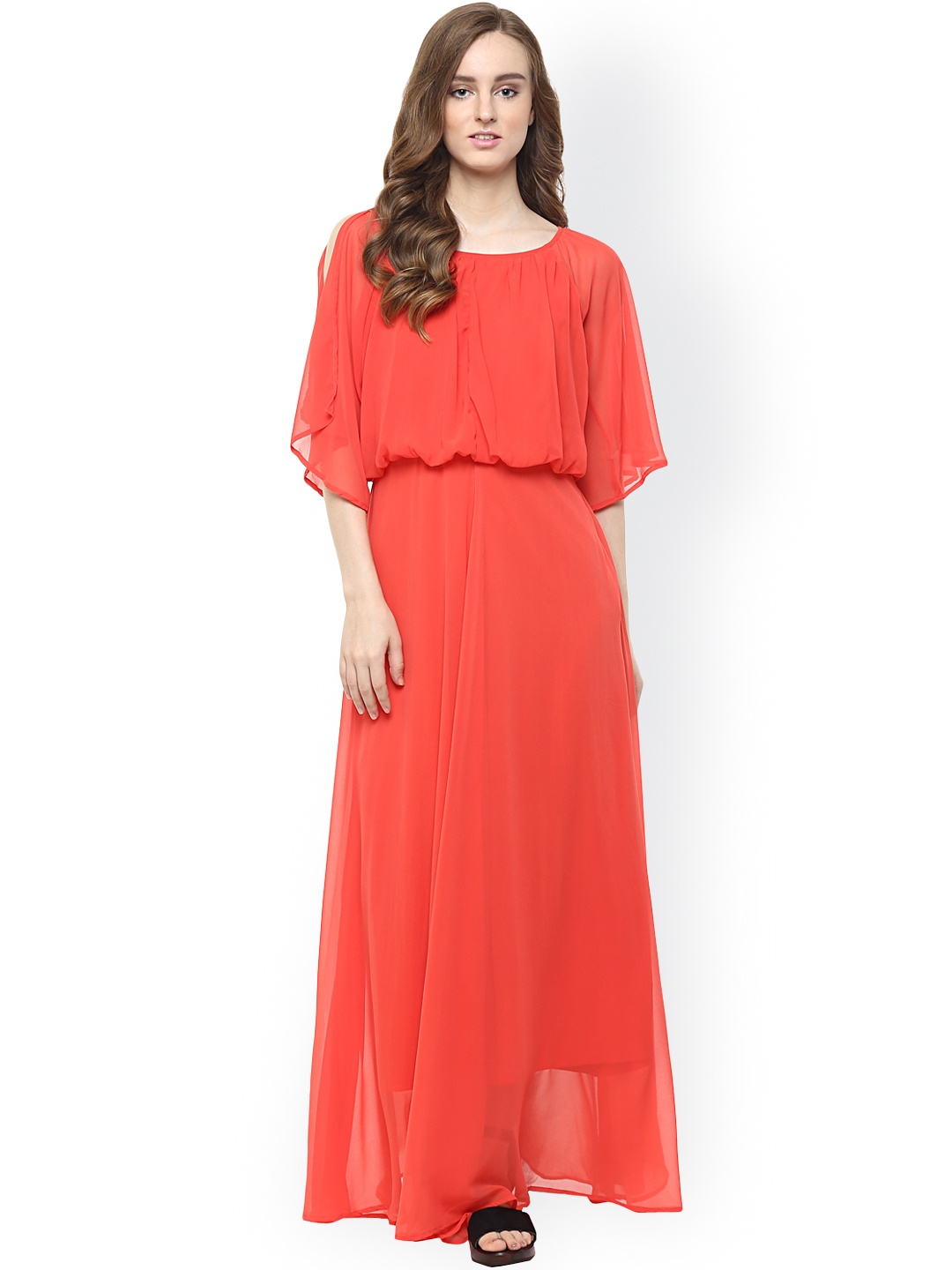 

Harpa Women Coral Red Solid Georgette Layered Maxi Dress