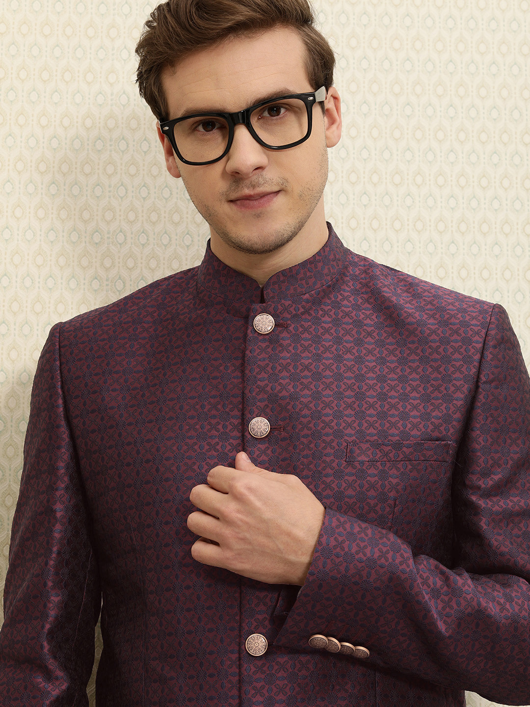 

House of Pataudi Men Pink And Blue Ethnic Motifs Embroidered Bandhgala Jashn Party Blazer