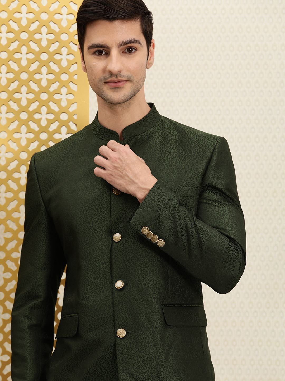 

House of Pataudi Men Green Woven Design Bandhgala Jashn Blazer