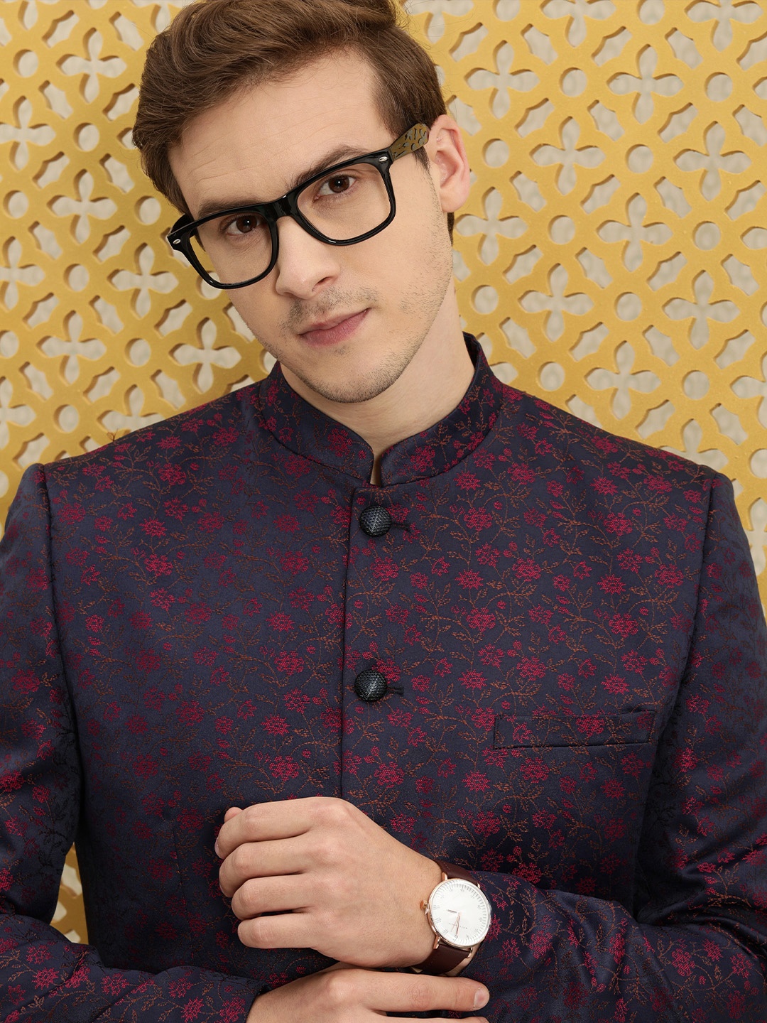 

House of Pataudi Men Navy-Blue And Red Floral Printed Bandhgala Jashn Party Blazer
