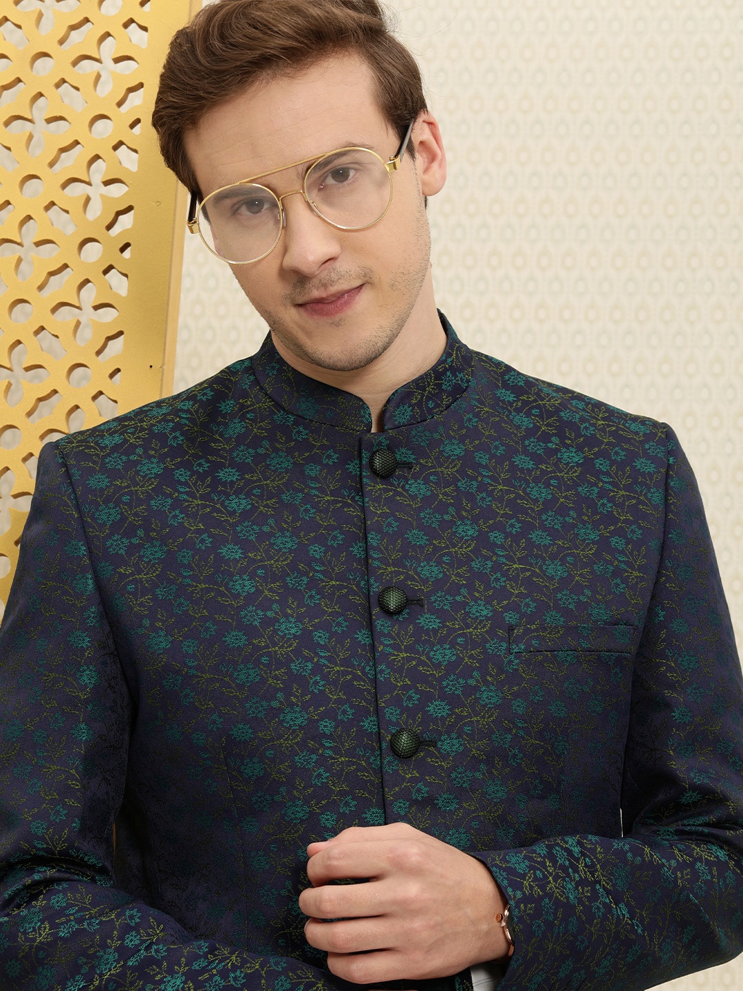 

House of Pataudi Men Navy-Blue And Green Floral Printed Bandhgala Jashn Party Blazer