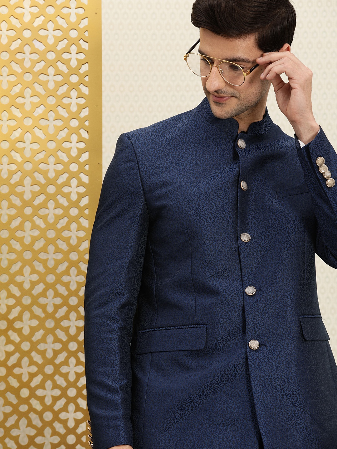 

House of Pataudi Men Blue Self Designed Bandhgala Jashn Blazer