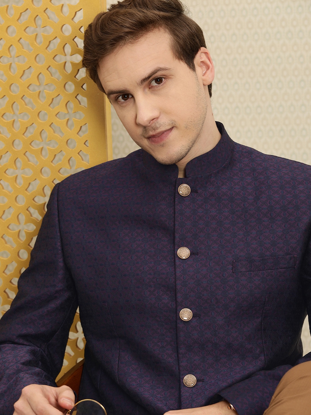 

House of Pataudi Men Purple Woven Design Bandhgala Jashn Blazer